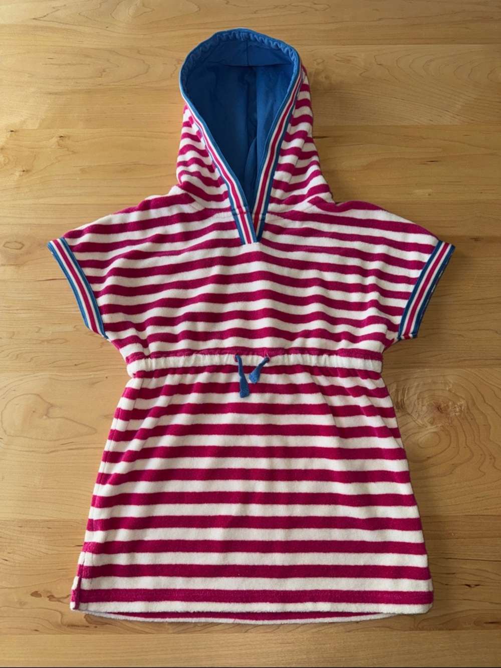 Mini Boden Girls Pink Striped Terry Cloth Swim Cover up with Hood, 2-3 years